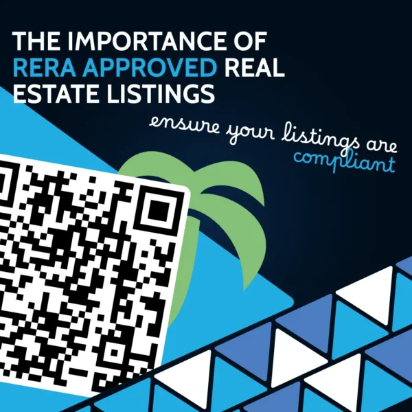 Graphic with QR code, palm tree silhouette and blue triangles, captioned the importance of RERA approved real estate listings