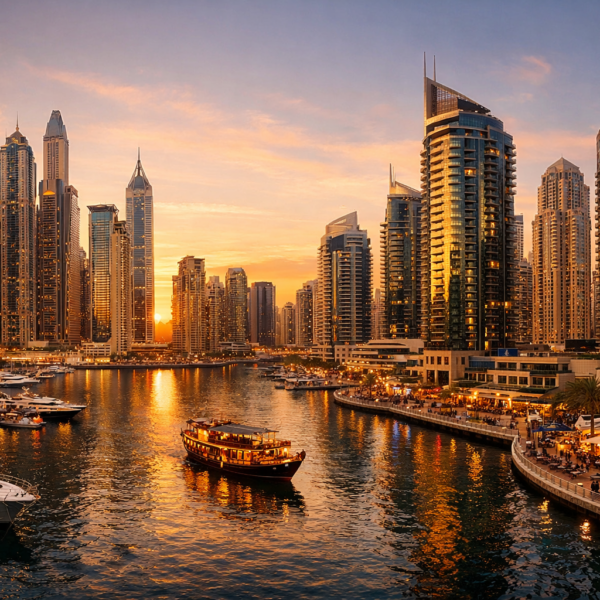Dubai Marina at sunset, with skyscrapers reflected in the water and a traditional dhow boat passing the promenade
