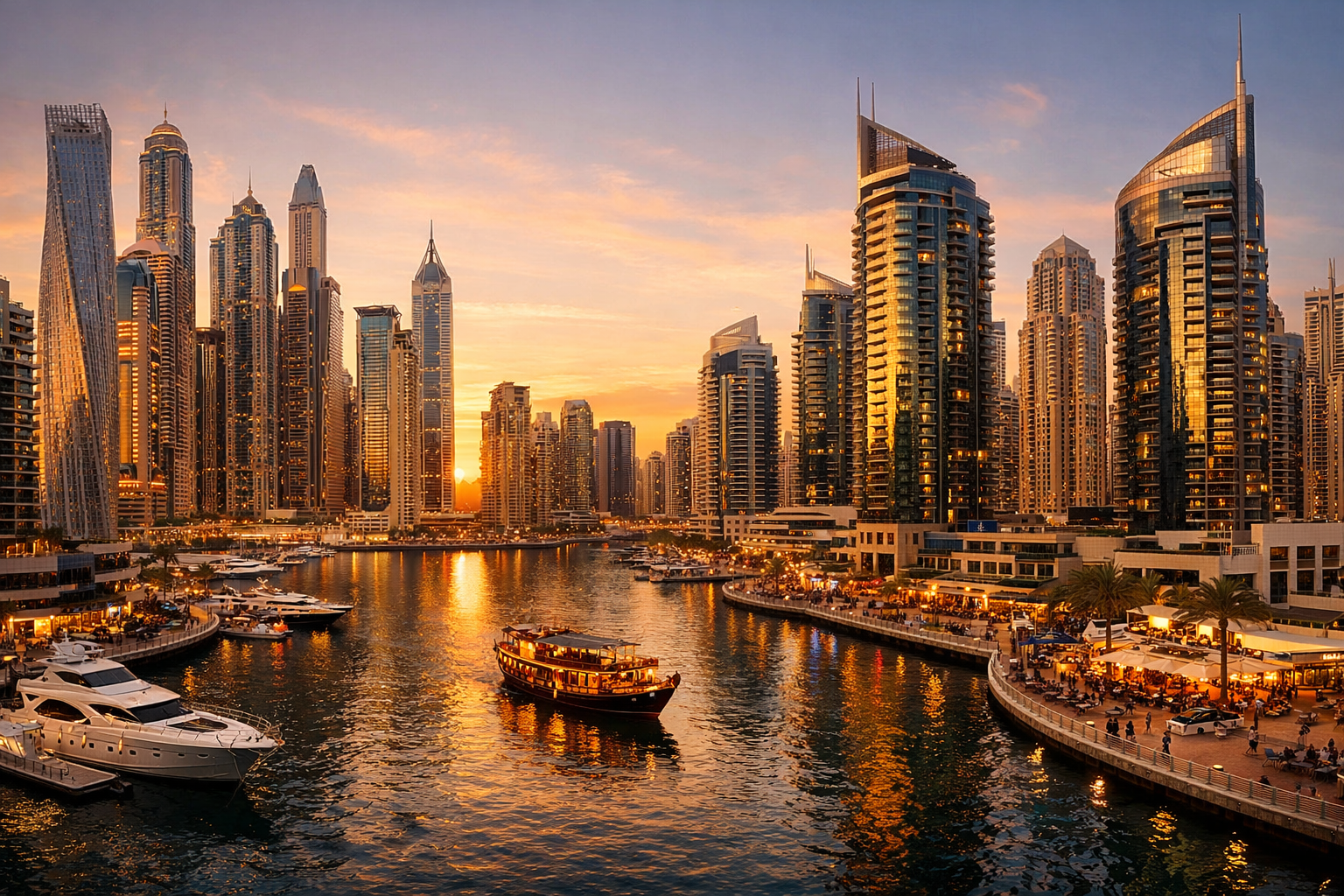 Dubai Marina skyline panoramic sunset view