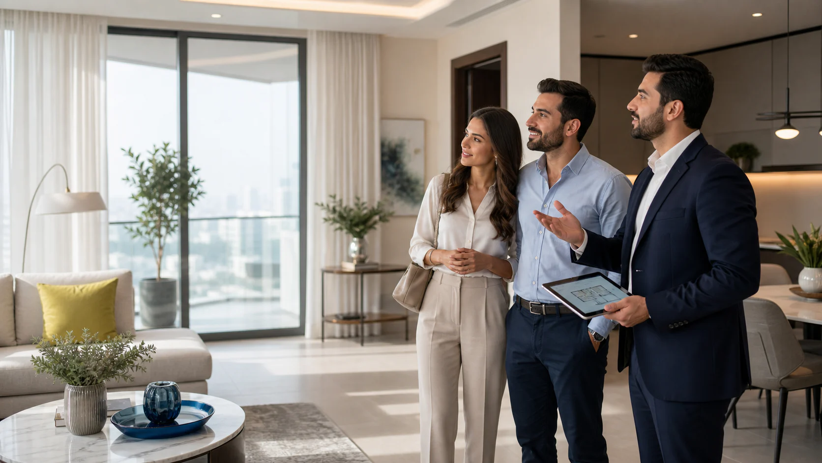 Real estate advisor showing a family around a modern apartment